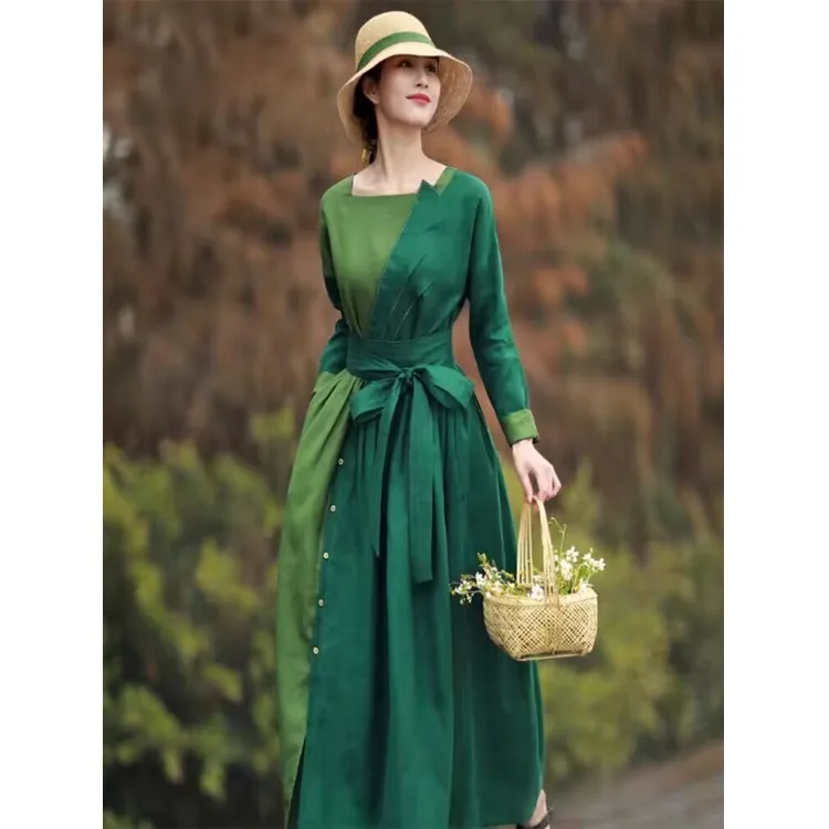 

Элегантное хлопково-льняное платье миди больших размеров в этническом стиле с цветными вставками, в национальном стиле, весна-осень, новинка