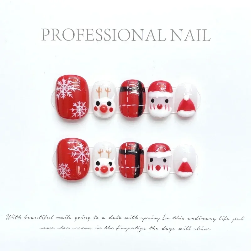 10pcs Christmas Cute Red Short Square Head Fake Nail Cartoon Elk Santa Claus Snowman Snowflakes Press On Nail Wearable Nails Tip