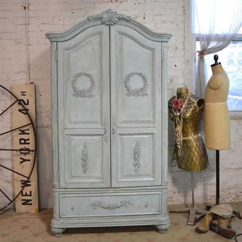 

French wardrobe solid wood carving flower retro old home double door locker American bedroom storage two door wardrobe