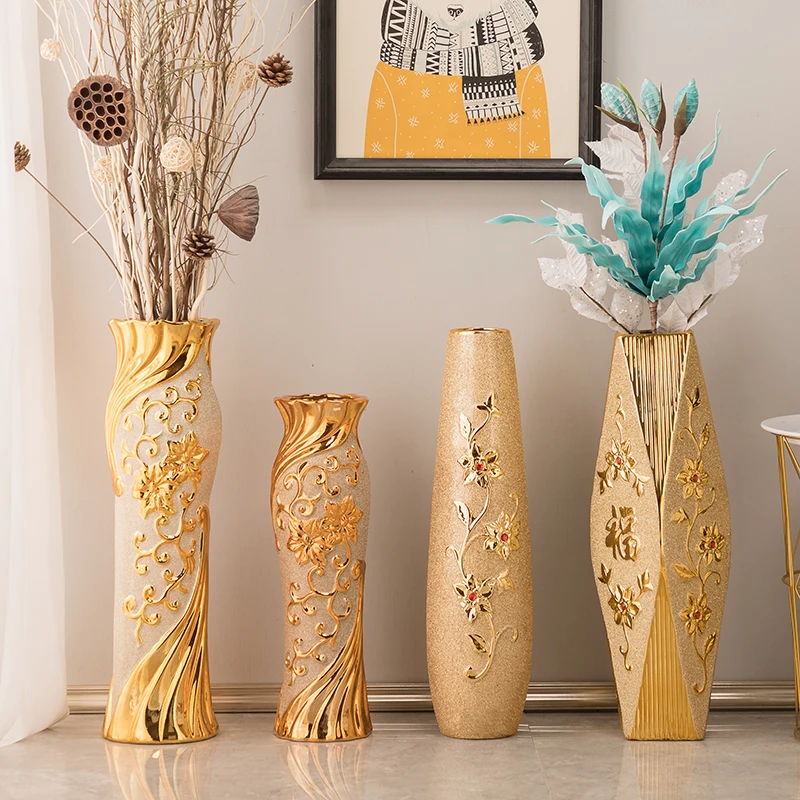 

Golden Ceramic Vase Large Floor White Willow Lucky Bamboo Dried Flower Flower Water-Nourishing Hallway Living Room Decoration