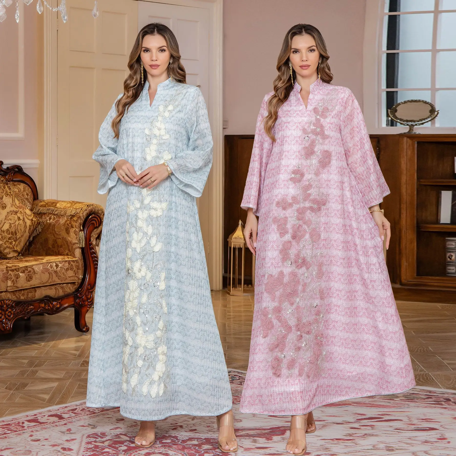 

Beaded Jalabiya Dubai Long Sleeve Dress Middle East Muslim Women's Kaftan Robe Arabian Islamic Clothing Elegant Party Gown Eid M