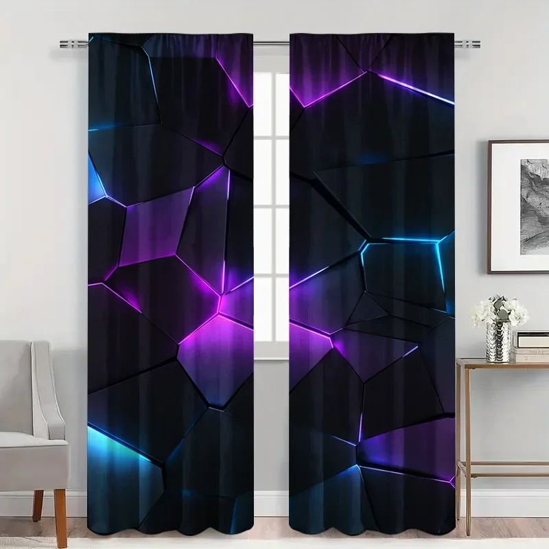 2pcs Neon Geometric Curtains with Rod Pocket, Purple Blue Futuristic Pattern Sheer, Modern Sci-Fi Glow for Themed Room