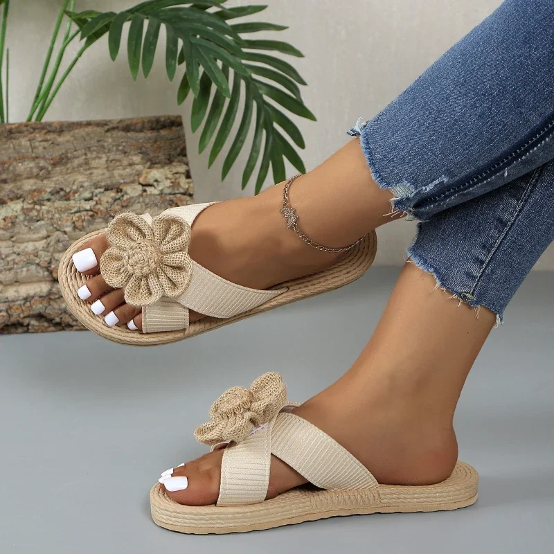 

Women's Casual Slippers 2024 Summer Bow Flat Weave Beach Flat Shoes Ladies Open Toed Flip Flops