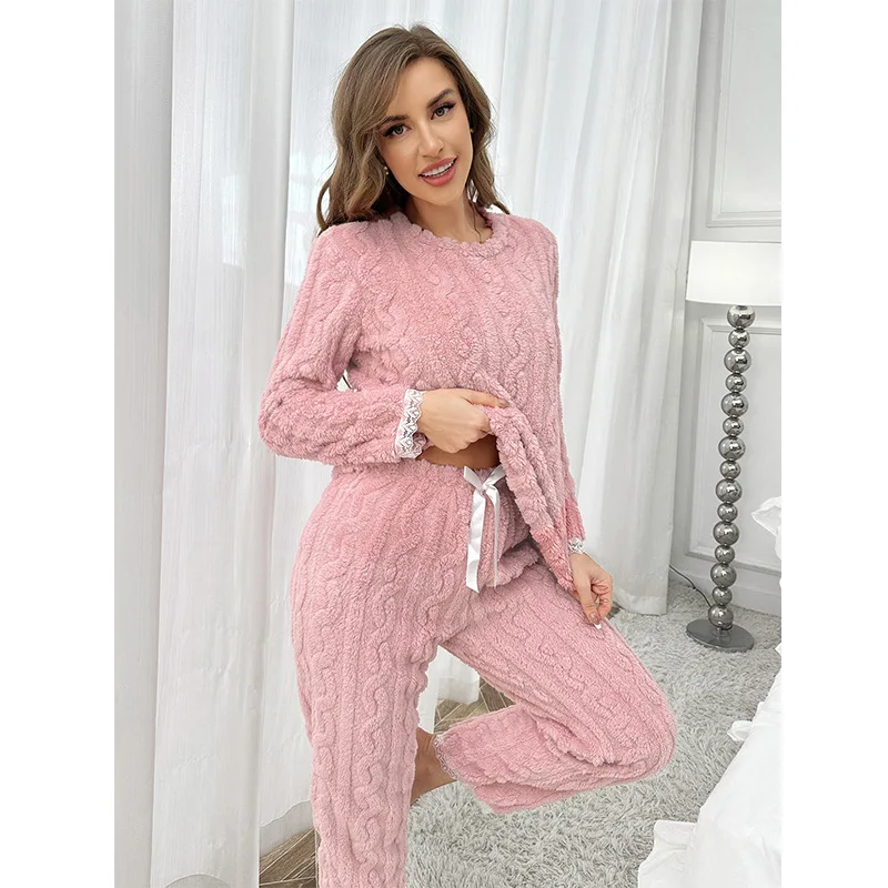 Sweet Autumn and Winter Thickened Flannel European American Pajamas Women\'s Suit Solid Color Loungewear Warm Sleepwear Pj Set