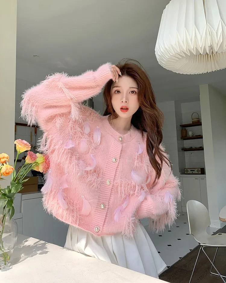 Loose Women Cardigans Autumn Sweet Tassel Feather Solid Female Knitted Sweater Fashion Casual Short Single Breasted Outerwear