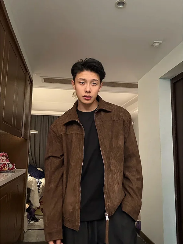 

Мужская винтажная замшевая куртка Barnes кофейного цвета с коротким воротником, модная, из полиэстера, с длинными рукавами