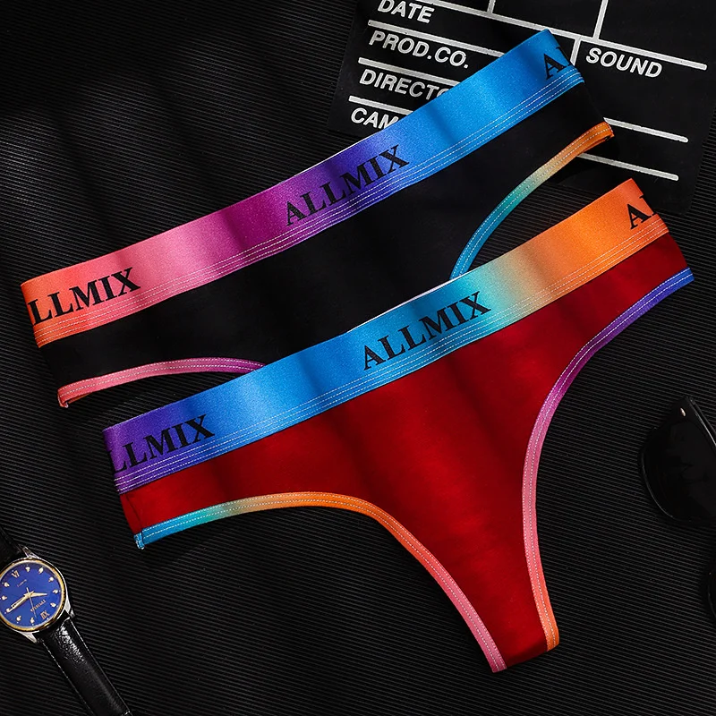 SP&CITY Sports Gradual Rainbow Letter Cotton Thongs Sexy Underwear Women\'s Low Waist Traceless Fitness Panties Seamless Briefs