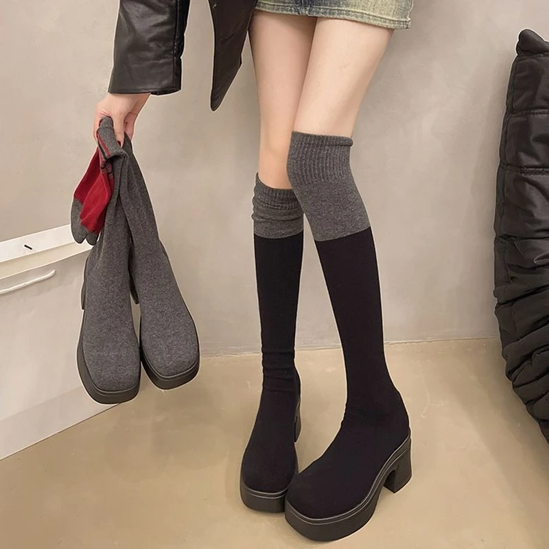 

2025 Autumn Winter Women Knitted Stretchy Color Blocked Over The Knee Sock Boots Chunky Heel Korean Style Versatile Slimming