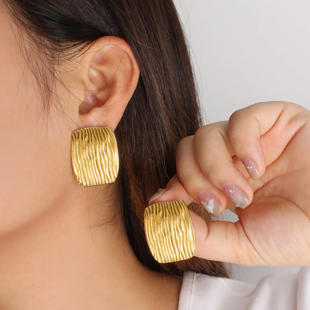 DIY accessories Amazon  Simple Earrings Exaggerated Personality 18K Gold Stainless Steel Textured Square Ring Earring Earring Ca