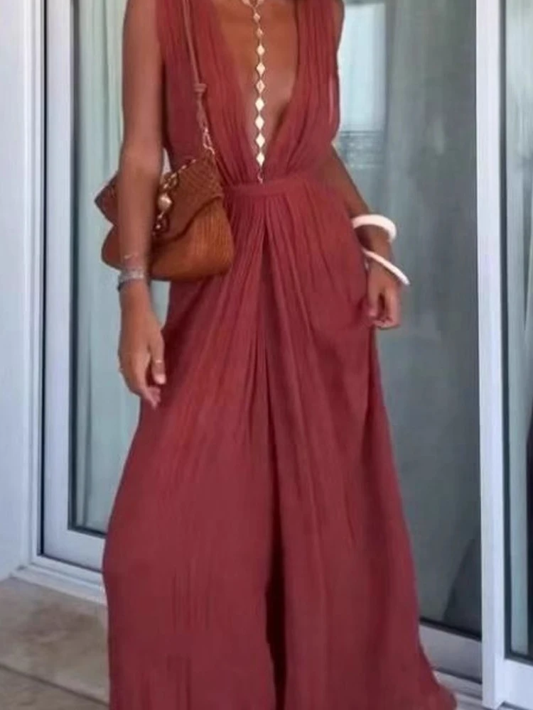 

2026 модный драпированный свободный комбинезон для вечеринок, сексуальный длинный комбинезон без рукавов с глубоким v-образным вырезом, женский элегантный однотонный комбинезон с высокой талией