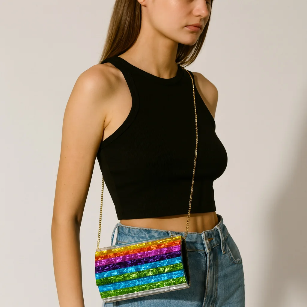 

Женская нишевая красочная полосатая акриловая сумочка-клатч с клапаном, очаровательная вечерняя сумка с длинной цепочкой, модный кошелек для вечеринки, праздника