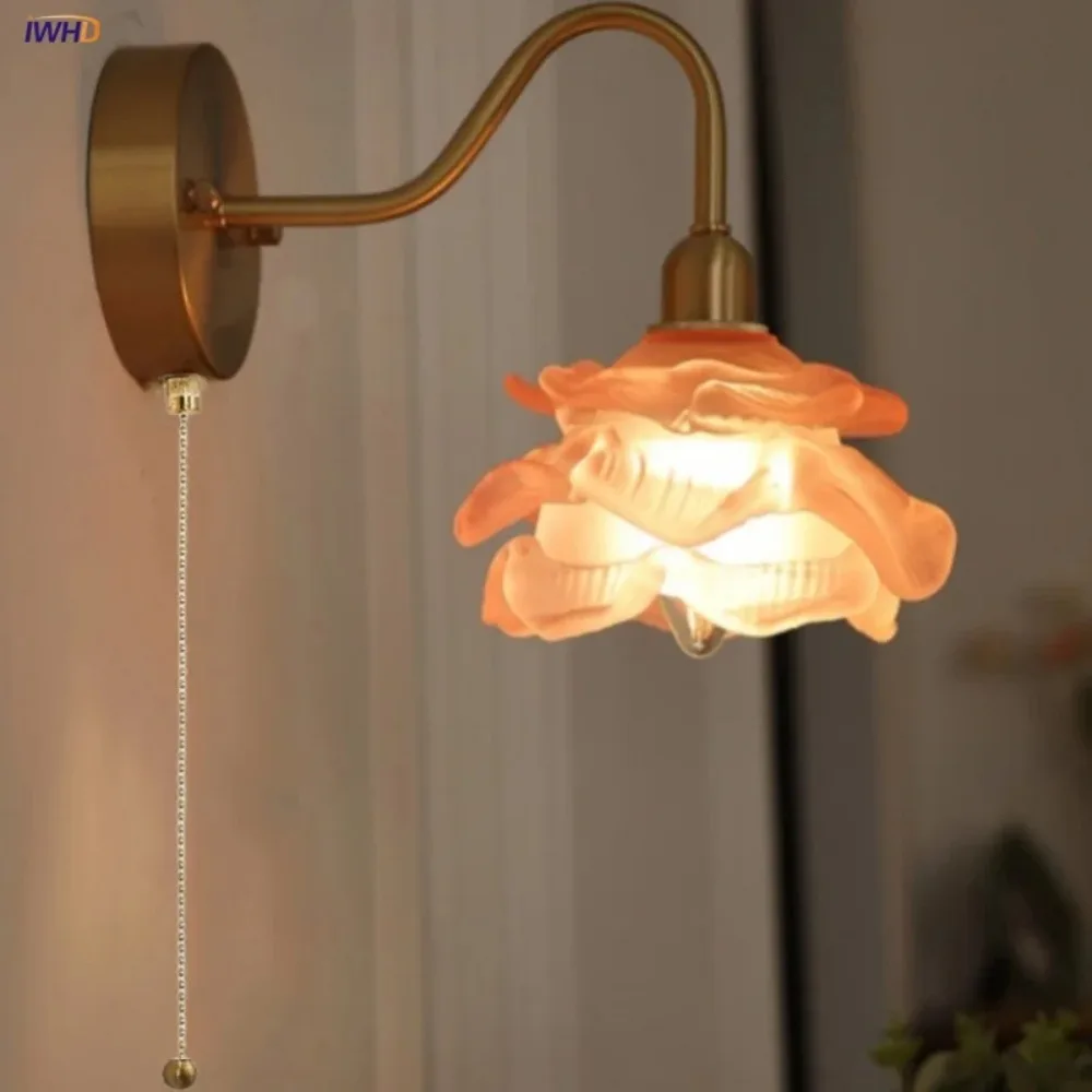 Vintage Loft LED Wall Lamp Sconce Reading Dining Room Restaurant Pull Chain Switch Pink Glass Copper Stair Light Fixtures