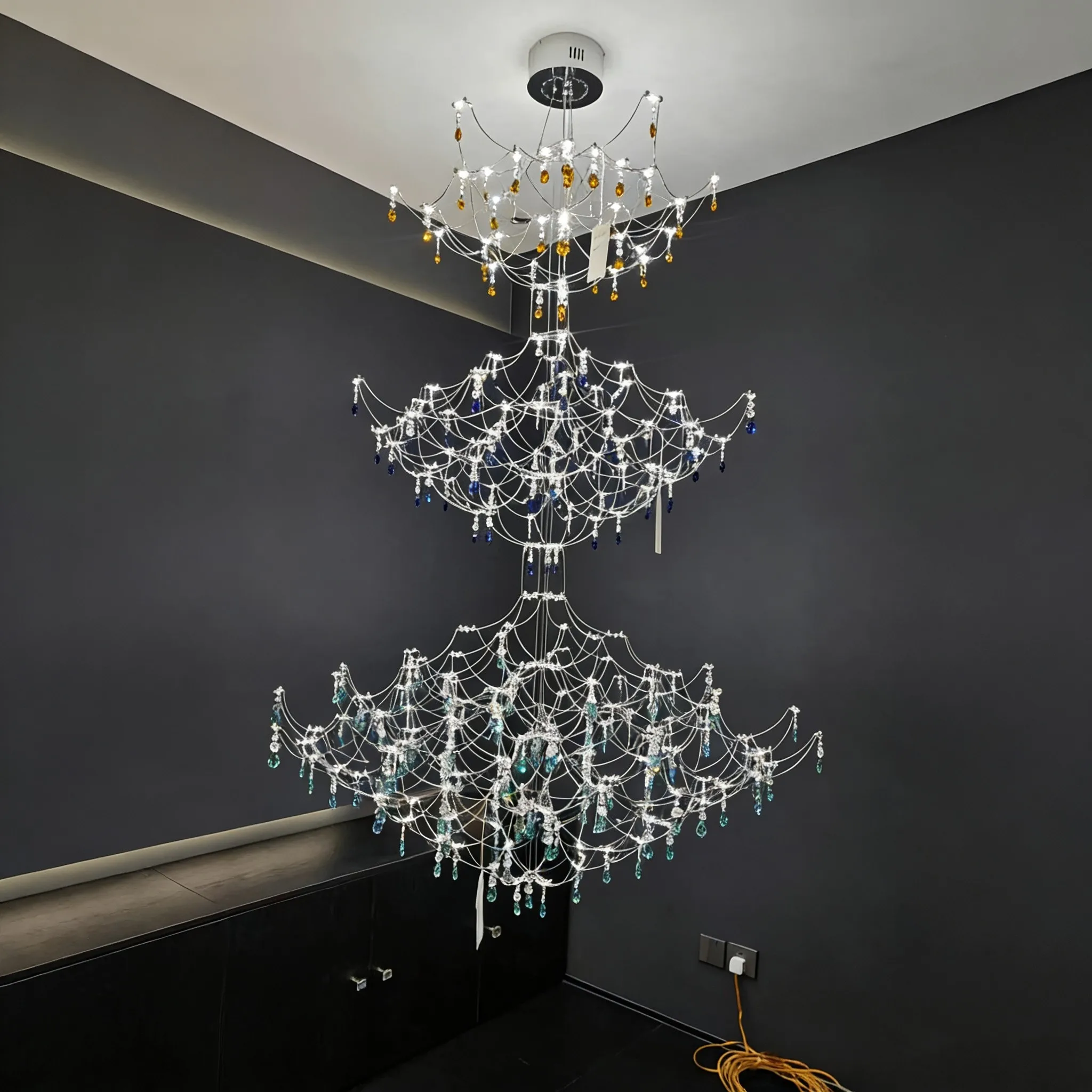 Villa duplex building chandelier living room large chandelier loft apartment high ceiling mid floor staircase light