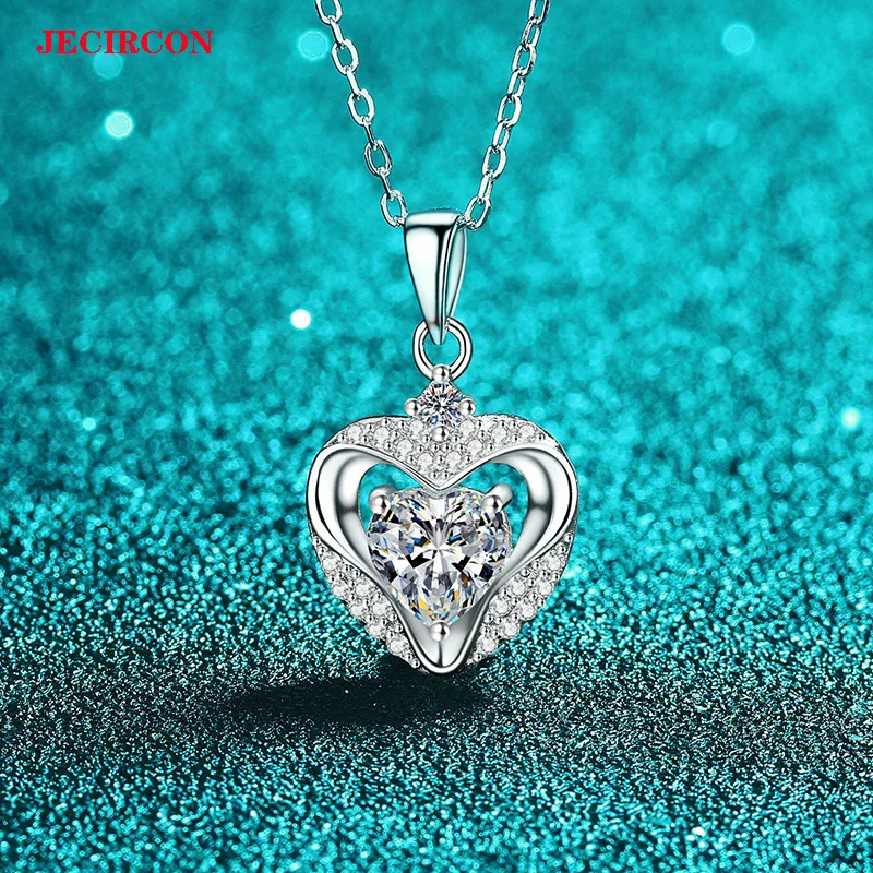

JECIRCON S925 Sterling Silver Moissanite Necklace, 1 Carat Heart Hollow-out Pendant Clavicle Chain, Romantic Jewelry for Women