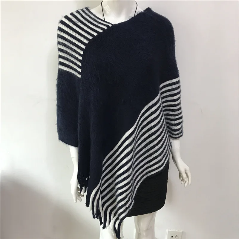 2022 Spring Autumn New Loose Stripe Two-color Contrast Tassel Pullover Cloak Shawl Women Sweater  Kitting Poncho Cape Black