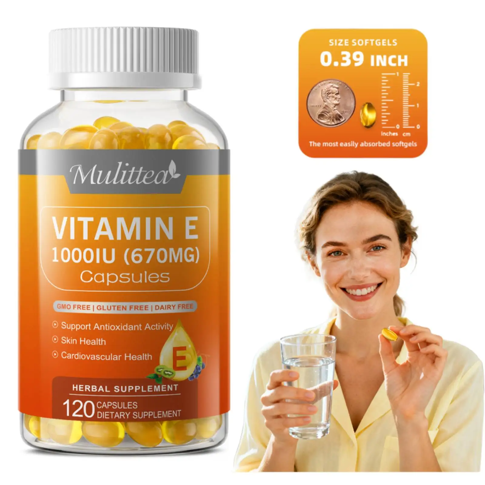 

Mulittea Vitamin E Serum Capsules 1000IU Single-Use Essence Capsules 120 Capsules/Bottle Supports Skin Cardiovascular Health