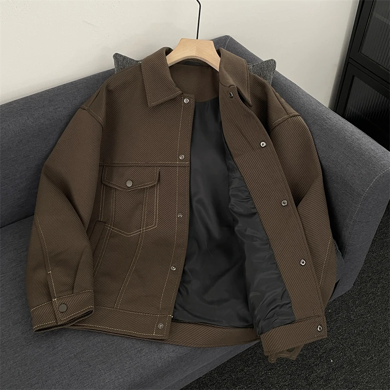 

Casual Loose Fit Men's Jaet American Retro Sle Turn-down Collar CleanFit Workwear Top Coat with Stitching Lines