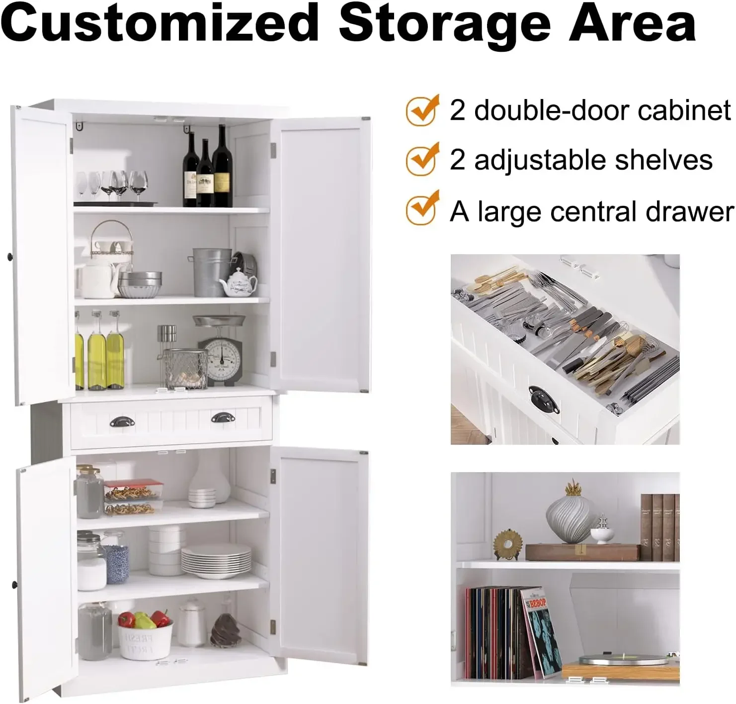 Armoire de Rangement de Garde-Manger de Cuisine avec Étagères Réglables, Armoire pour la Cuisine, le Couloir, Blanc