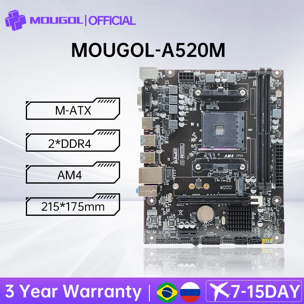 

MOUGOL Full NEW A520M Motherboard AMD AM4 For Ryzen 3/4/5 Series(5600/5600G) CPU DDR4 64GB PCI-E 3.0X16 SATA3.0 M.2 DVI,HDMI