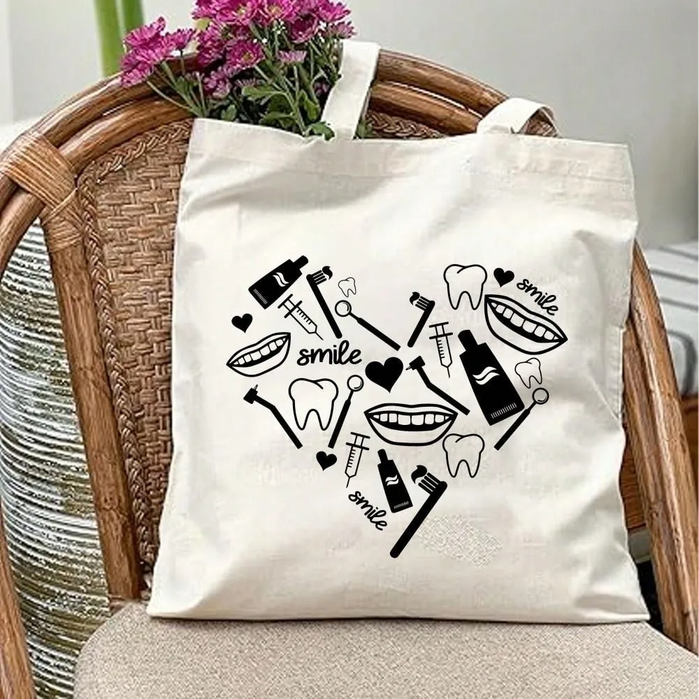 Dental Theme Canvas Tote Bag Canvas With Fun Dentist Shoulder Bags Suitable For Outdoor Picnics Parties Dentist Assistant Gifts