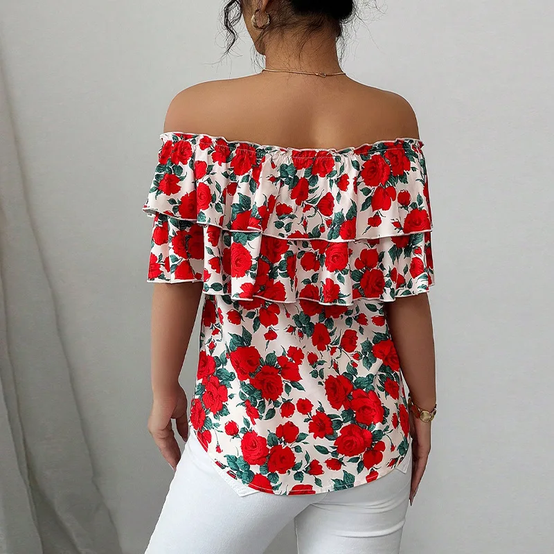 Summer Vaion Sle ort Sve One oulder irt Doppio strato Orlo con volant Cross Border Faion Premium irt da donna