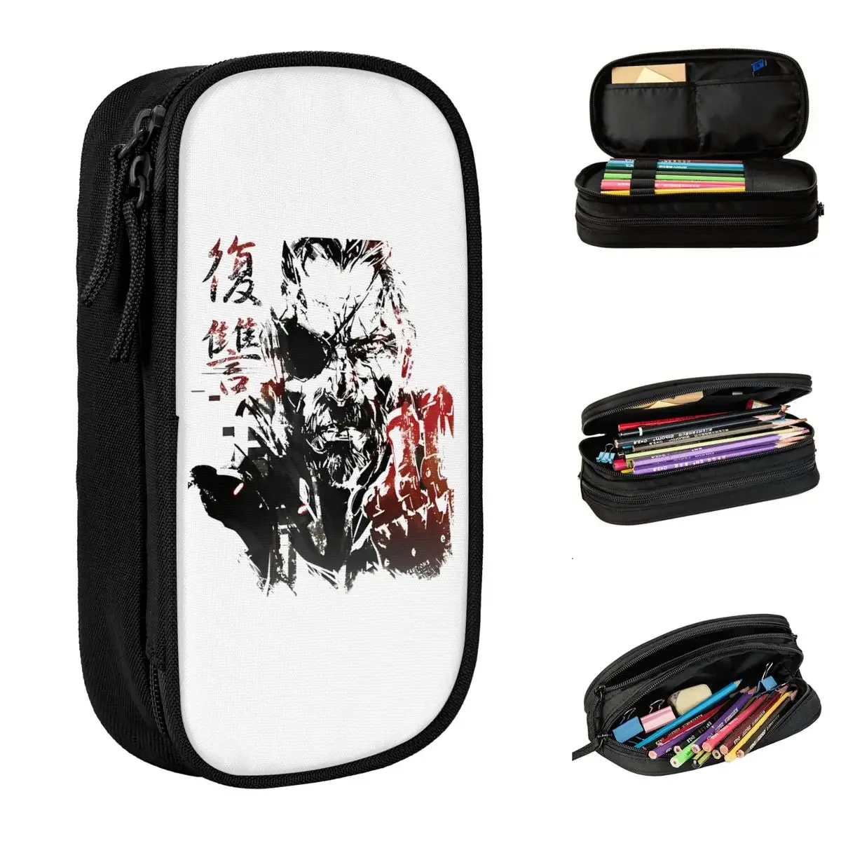 MGS Gear Solid Game Pencil Case, Lápis, Caneta para Estudante, Saco de armazenamento grande, Papelaria Zipper Escola Estudantes