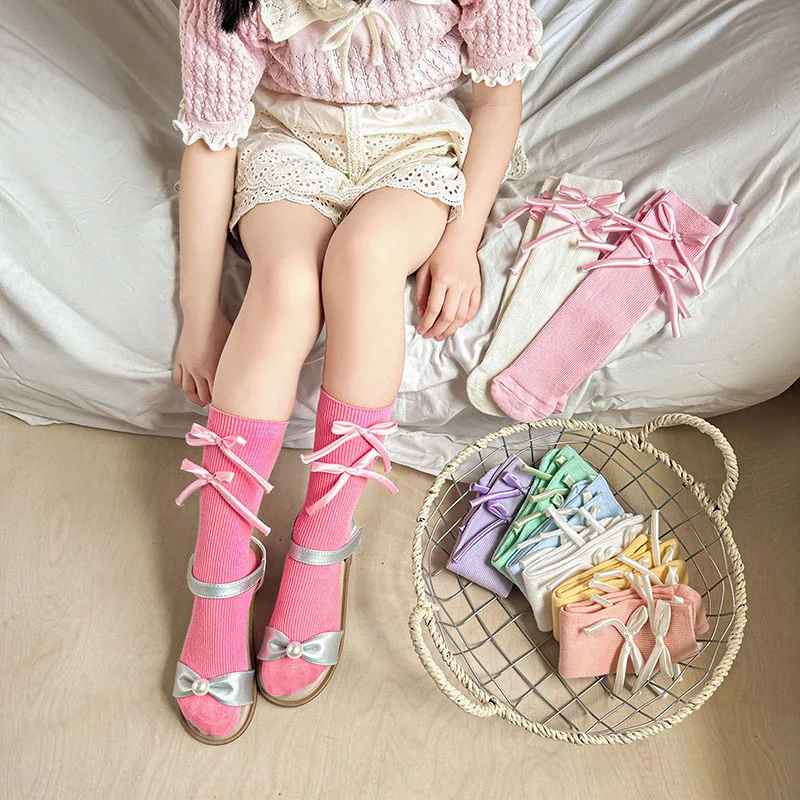 Spring Kids Knee-High Socks for Girls 2-10T Sweet Candy Colors Tube Socks with Cute Bow 9 Colors Children's Stockings