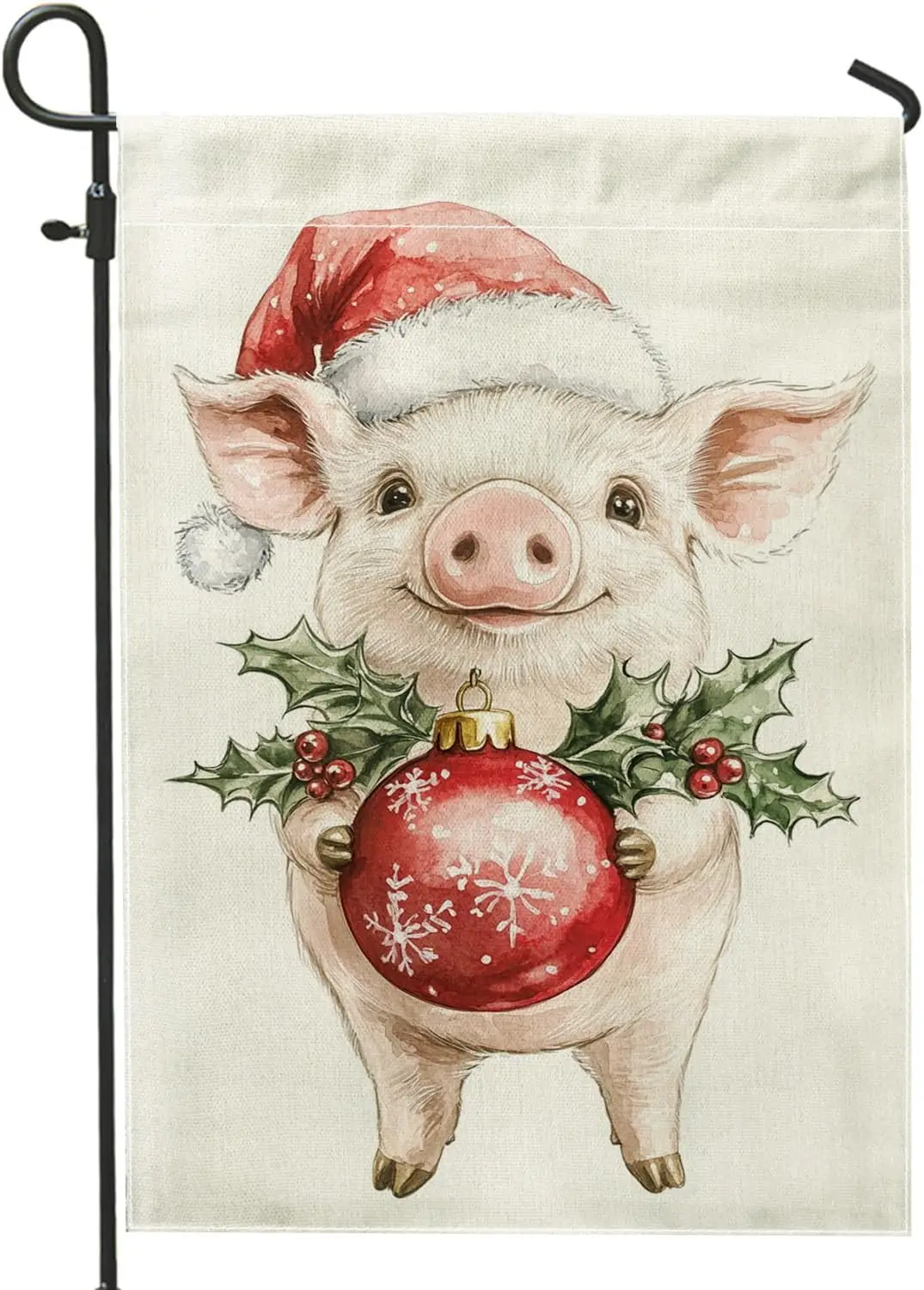 Christmas Holiday Pig Garden Flag, Cute Piglet with Ornament and Holly Home Decor, Double-Sided Burlap Seasonal Outdoor Decorati