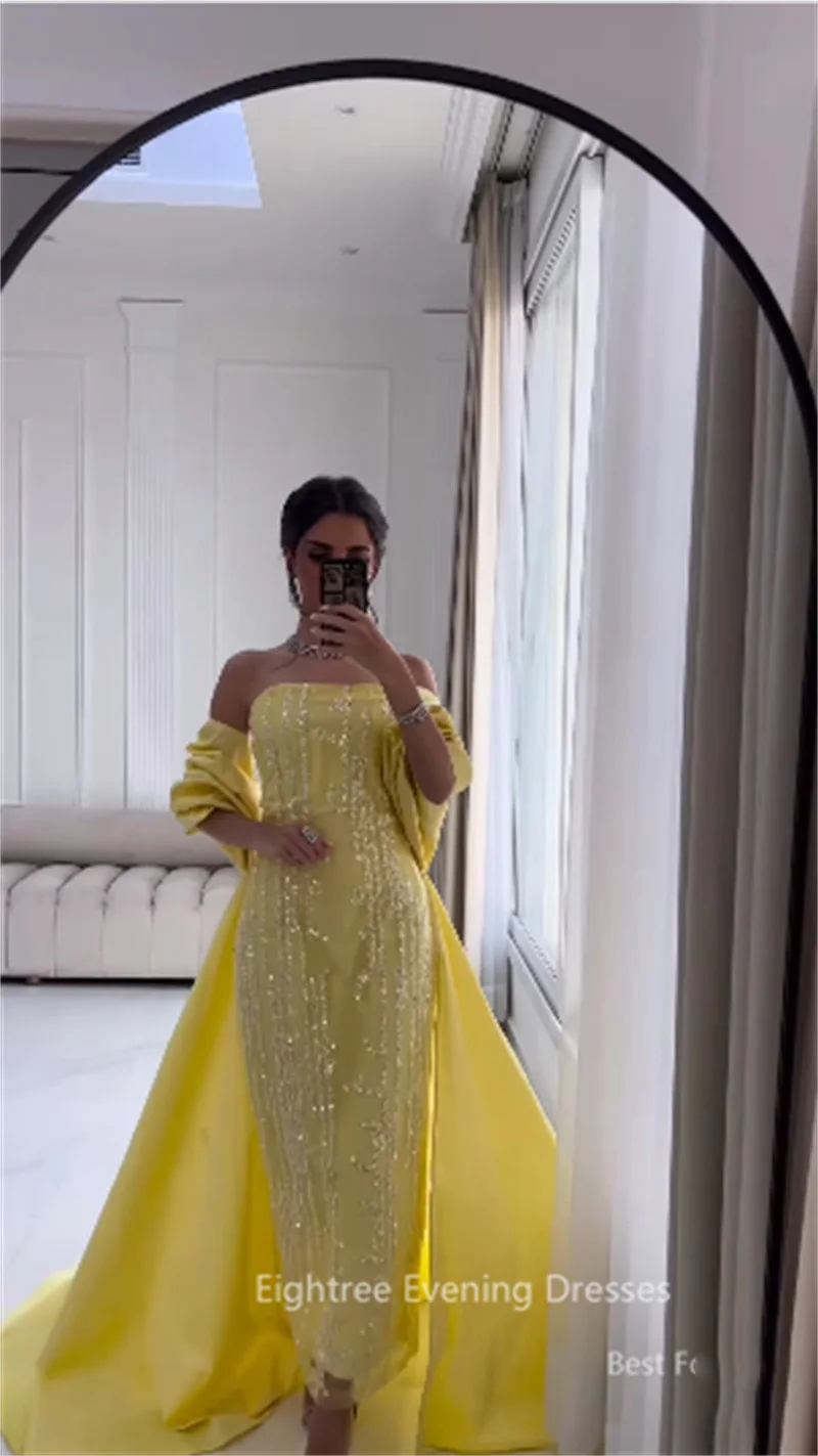 Eightree Glitter Yellow Lace Sequined Mermaid Evening Dresses Off the Shoulder Elegant Prom Gowns Arabic Formal Occasion Dress