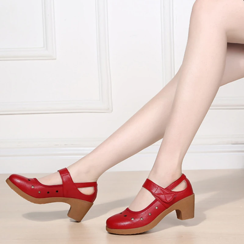 2023 Summer New Square Dance Shoes Adult Hollow Cow Tendon Soft Sole Women's Mesh Face Heel Height 6cm Soft Antiskid