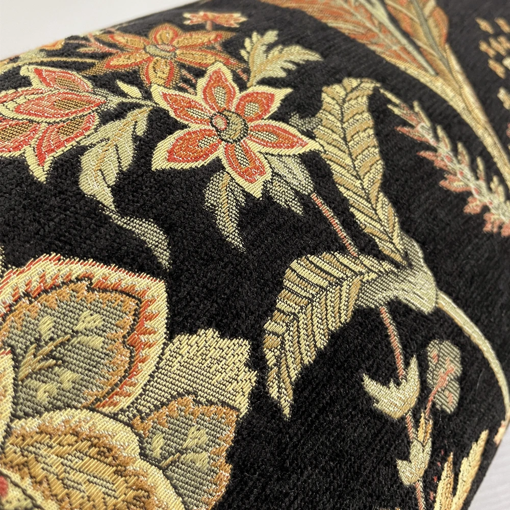 Fashion Black Velvet Floral Waist Pillow Case Vintage  Woven Jacquard Chenille Lumbar Living Cushion Cover Sell by Piece 30x50cm