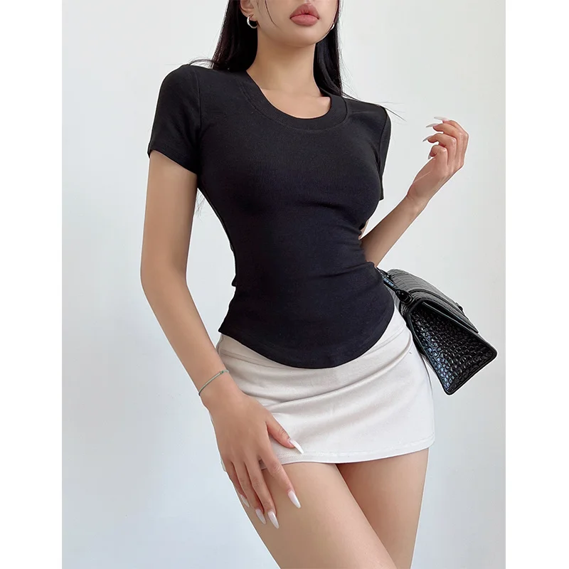 WOMENGAGA Summer Thin Thread Shoulder Round Neck T-shirt Women Slim Thin White Short Sleeve Top Tees Sweet Fashion Korean V8XT