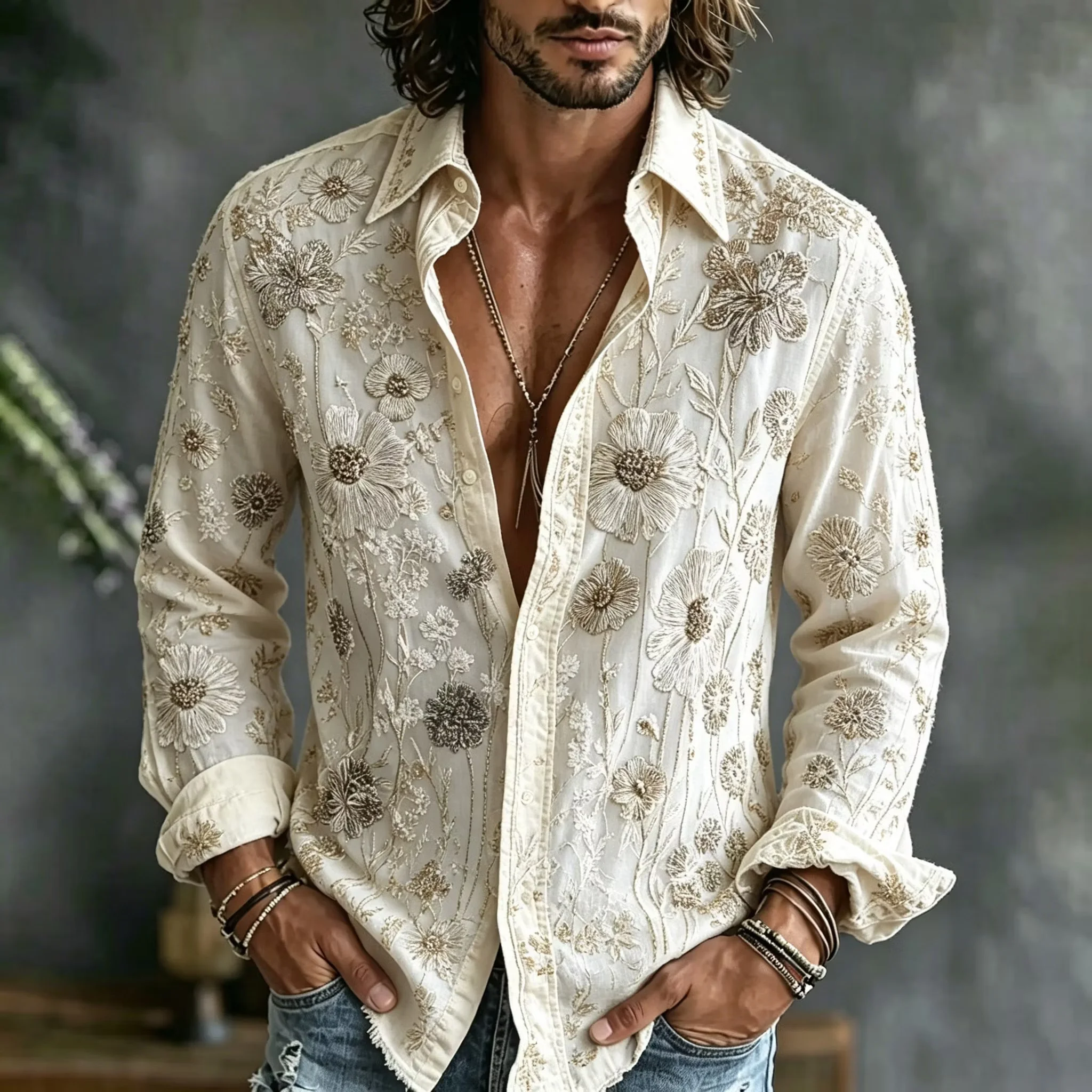 New Bohemian Retro Top with Rice Background Full Version Daisy Flower Linen Long Sleeve Shirt Clothing