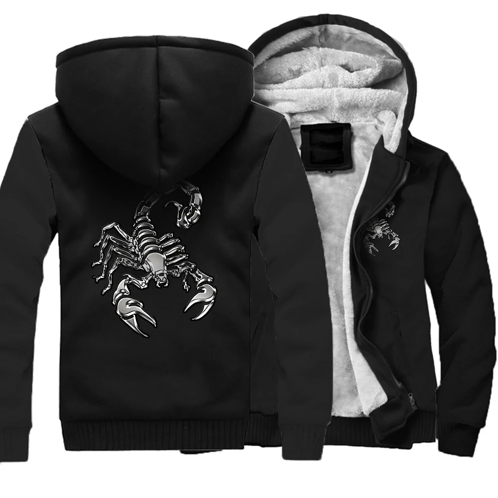 London Scorpion Street Printed Hoodies Men Winter Plus Velvet Thickening Jacket Casual Zip Up Sweatshirt Fleece Coats Man