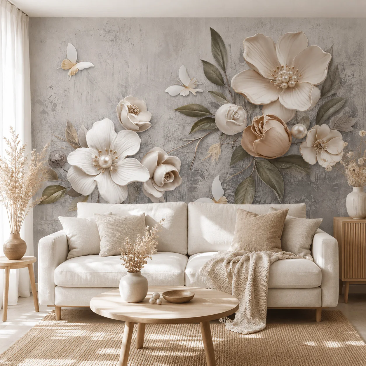 3D Beige Floral Wallpaper Mural Pearl Flower Butterfly Vintage Wall Art Living Room Bedroom Non Self Adhesive Requires Glue