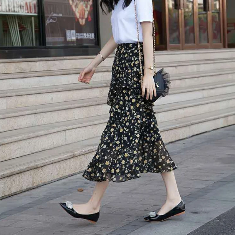 Ruffle Floral Woman Skirt High Waist Skirts for Women V Clothing Sales A Line Quality 2024 Trend Streetwear Luxury Elegant Cheap