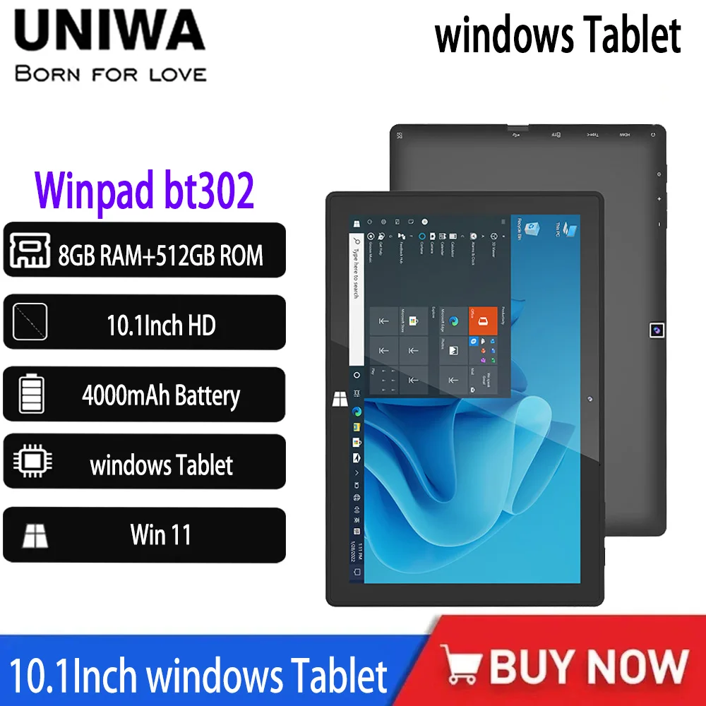 UNIWA Winpad Bt302 Windows Tablet 10.1“ Windows Tablet HD 8GB+512GB Bluetooth Dual-camera HDMI Interface Office Gaming Computer