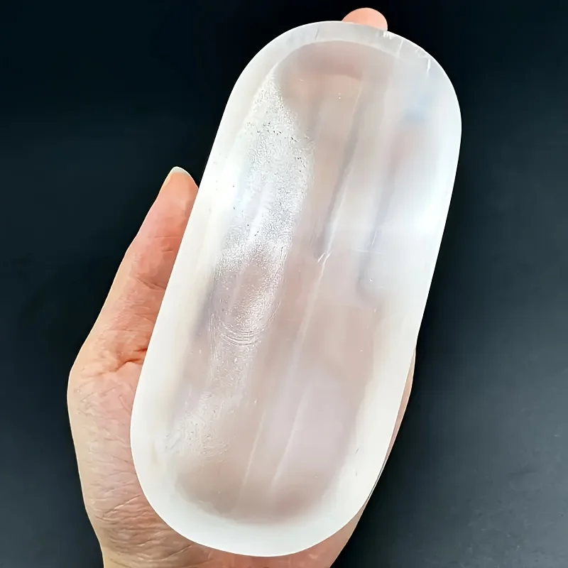 1pc Selenite Bowl Plate Ornament, Irregular Oval Carved Quartz Crystal, Crystal Storage Decoration, Gift for Friend Crystal view 6