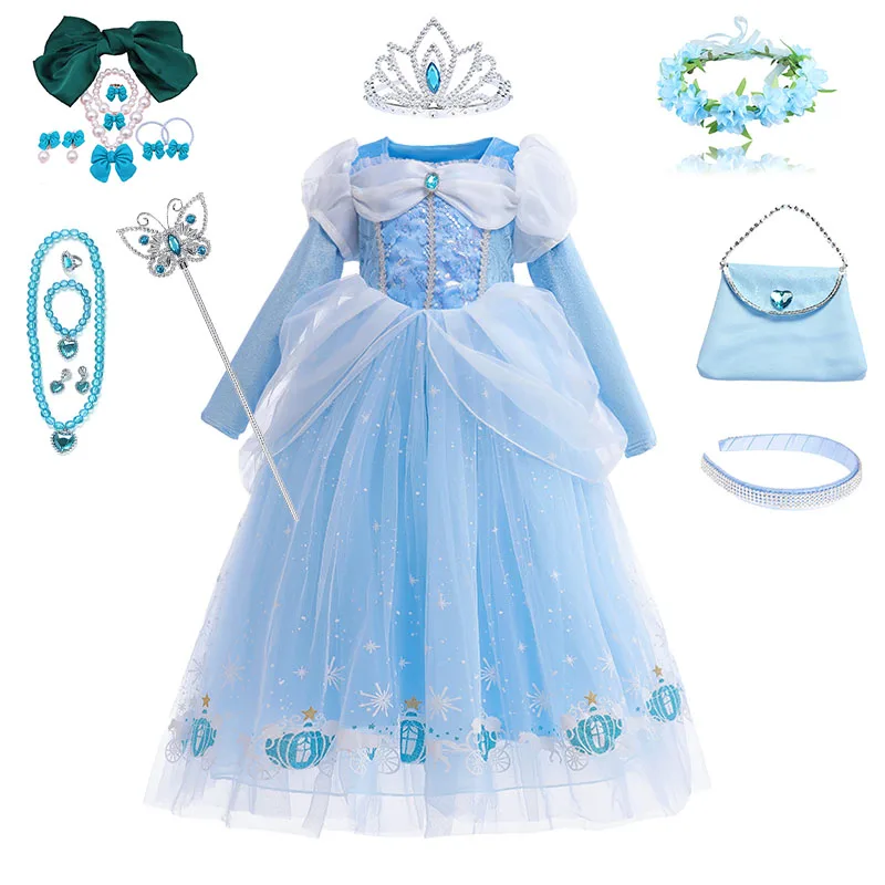 Princess Dress Up costume Outfit Cinderella Costume For Girls Long Sleeve Halloween Costume Cosplay Party Dress 2-10Years