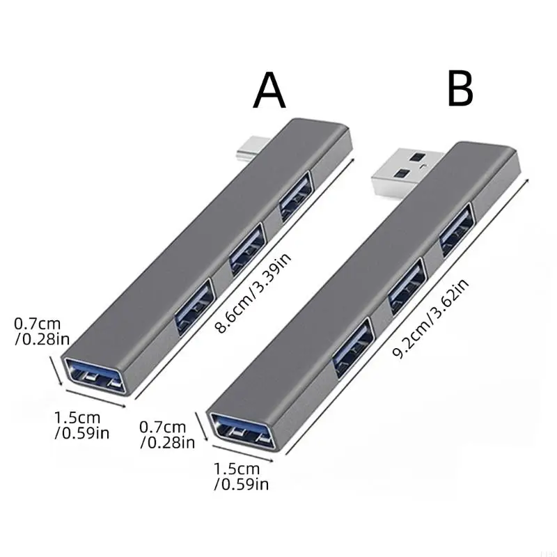 공간 절약 직각 알루미늄 USB 허브 4 포트 USB3.0 유형 C 고속 데이터 전송 금속 구조 플러그 앤 플레이 F19E