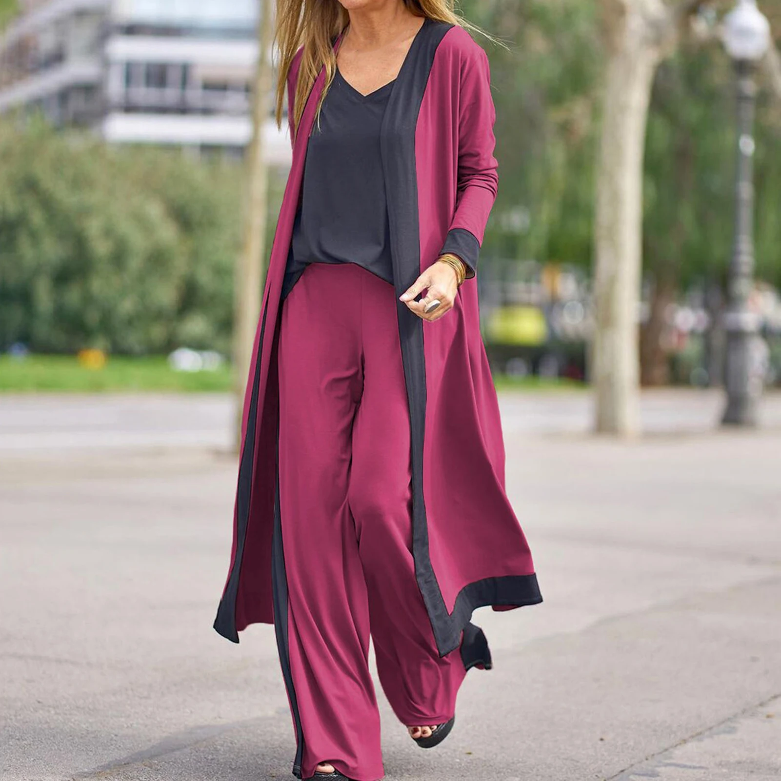 Autumn Winter 1 Set Stylish Cardigan Coat Sling Top Pants Homewear Set Three-Piece Women Outfit Color Block   for Office