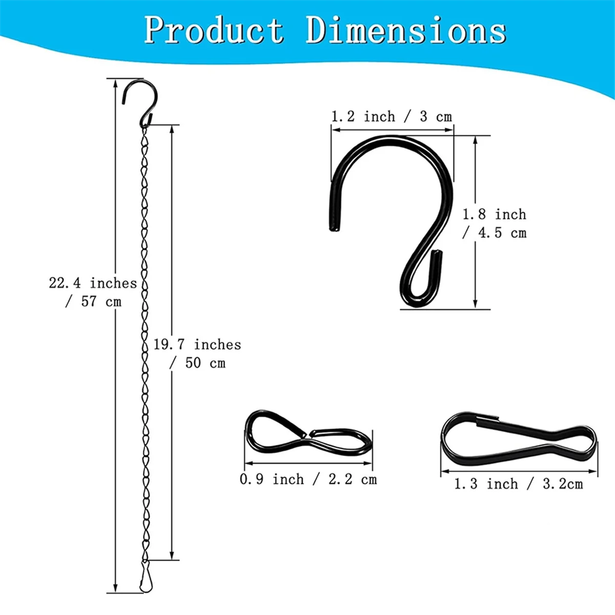 متوفر ~ 10 قطع خطافات نباتية مقاس 19.7 بوصة لسلال معلقة، سلاسل معلقة سوداء مع خطاف S ومشبك للزراعة ومغذيات الطيور
