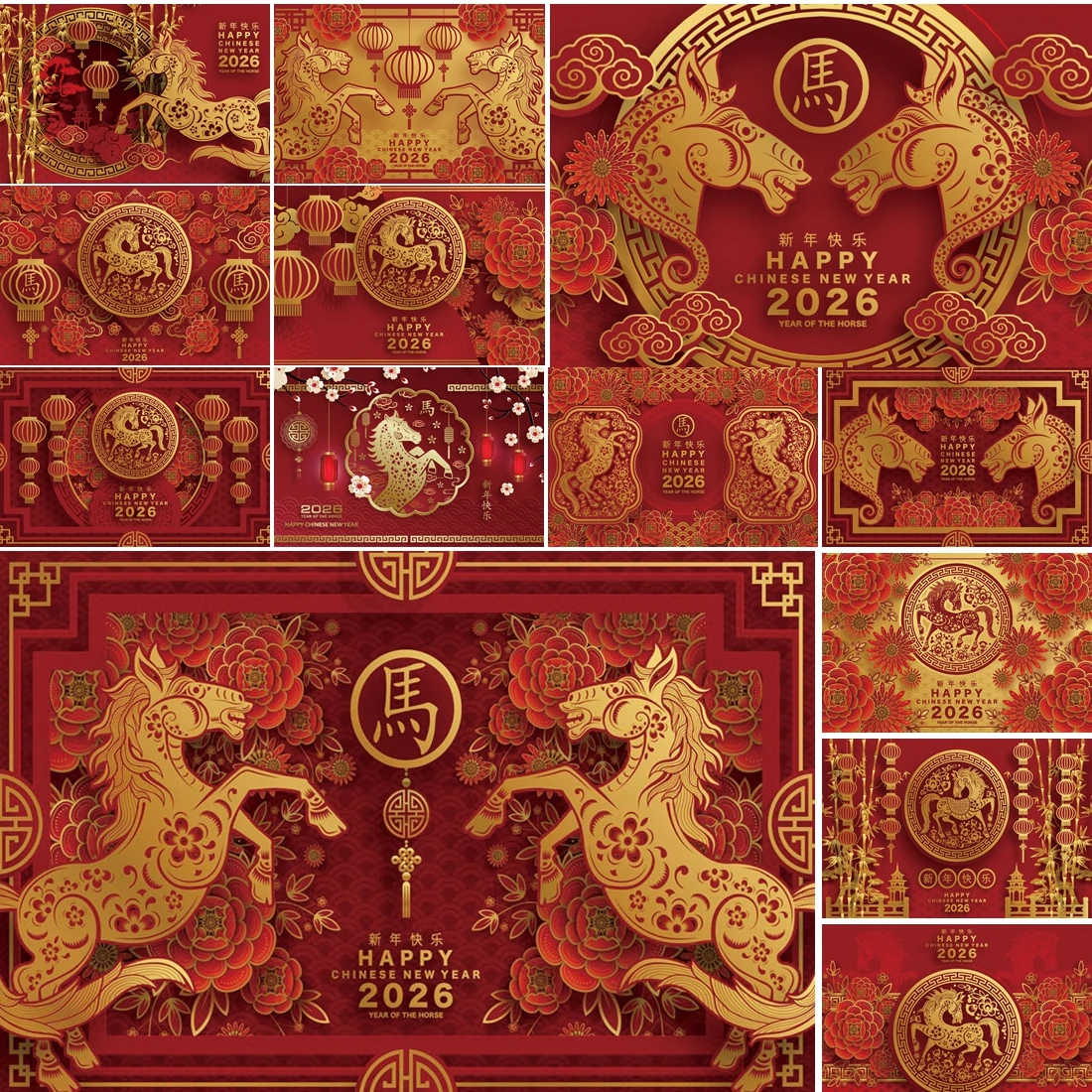 

MOON.QG Chinese Spring Festival Horse Photo Background Peony Horse Lanterns Backdrops Photography Photozone Accessories Studio