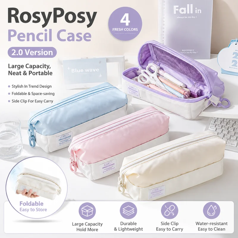 RosyPosy Pencil Case 2.0 Version Foldable Ins Style Large Capacity Stationery Organizer Bag With Side Clip Portable For Students