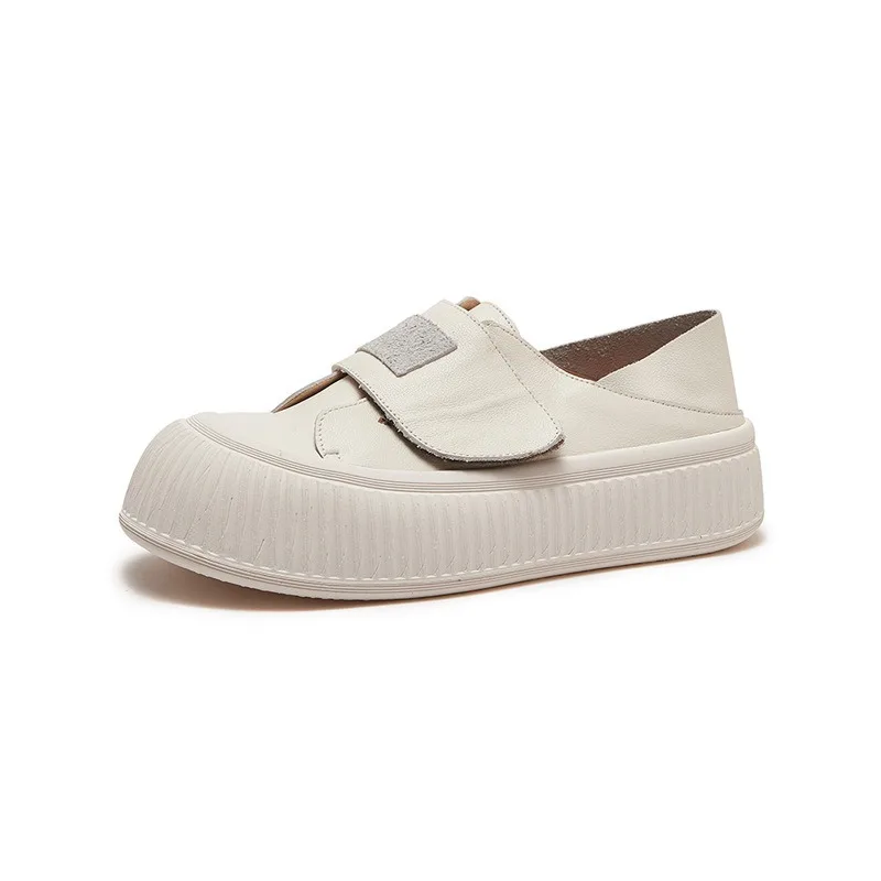Birkuir Genuine Leather Flat Platform Women Shoes Hook Loop Soft Soles Shoes Round Toe Thick Heel Luxury Casual Boat White Shoes