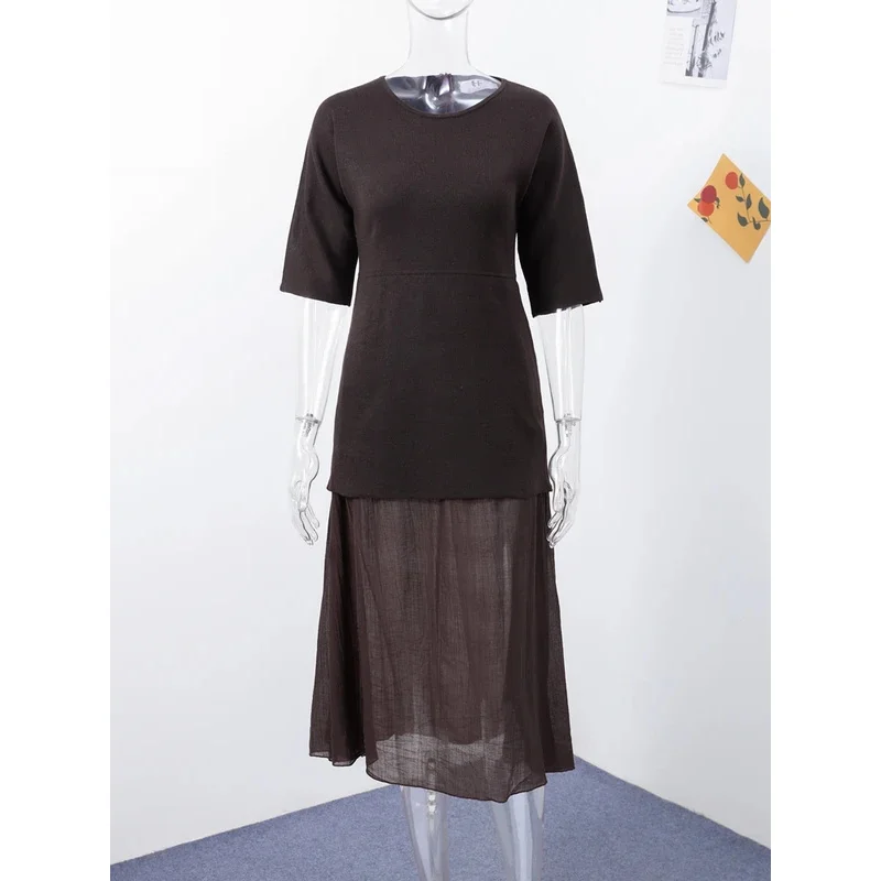 Bonny moda lavorato a maglia manica corta patchwork pieghettato abito longuette donna elegante o-collo a vita alta abito lungo da festa abito da donna