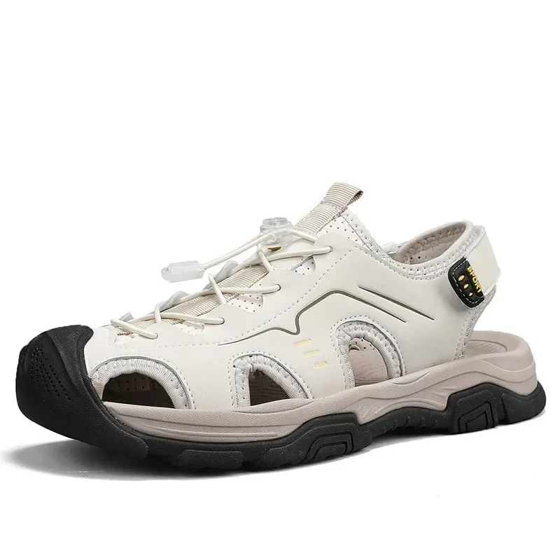 

VIPOL Кожаные мужские сандалии, летние повседневные пляжные тапочки большого размера из дышащей сетчатой ткани на толстой подошве