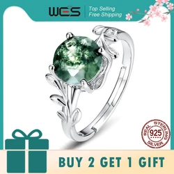 WES 925 Sterling Silver Natural Moss Agate Ring Olive Branch Unique Adjustable For Women  Fine Jewelry party Engagement Gift