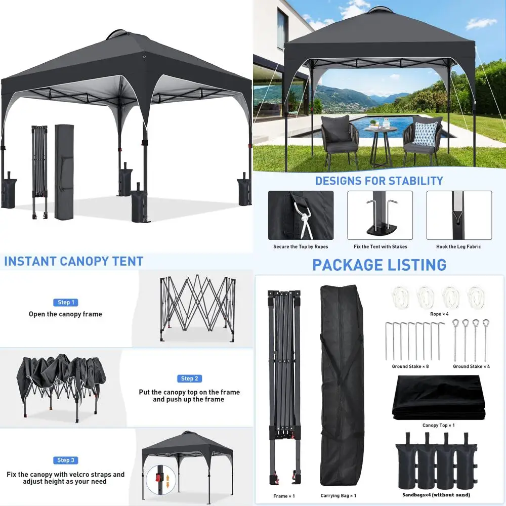 

Портативная мгновенная уличная палатка с навесом 10x10 футов с мешками с песком, 3 регулируемыми по высоте для мероприятий, вечеринок, кемпинга - прочный тень