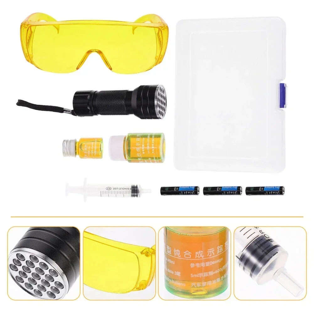 

Car R134A R12 Air Conditioning A/C System Leak Test Detector Kit 28 LED UV Flashlight Protective Glasses UV Dye Tool Set